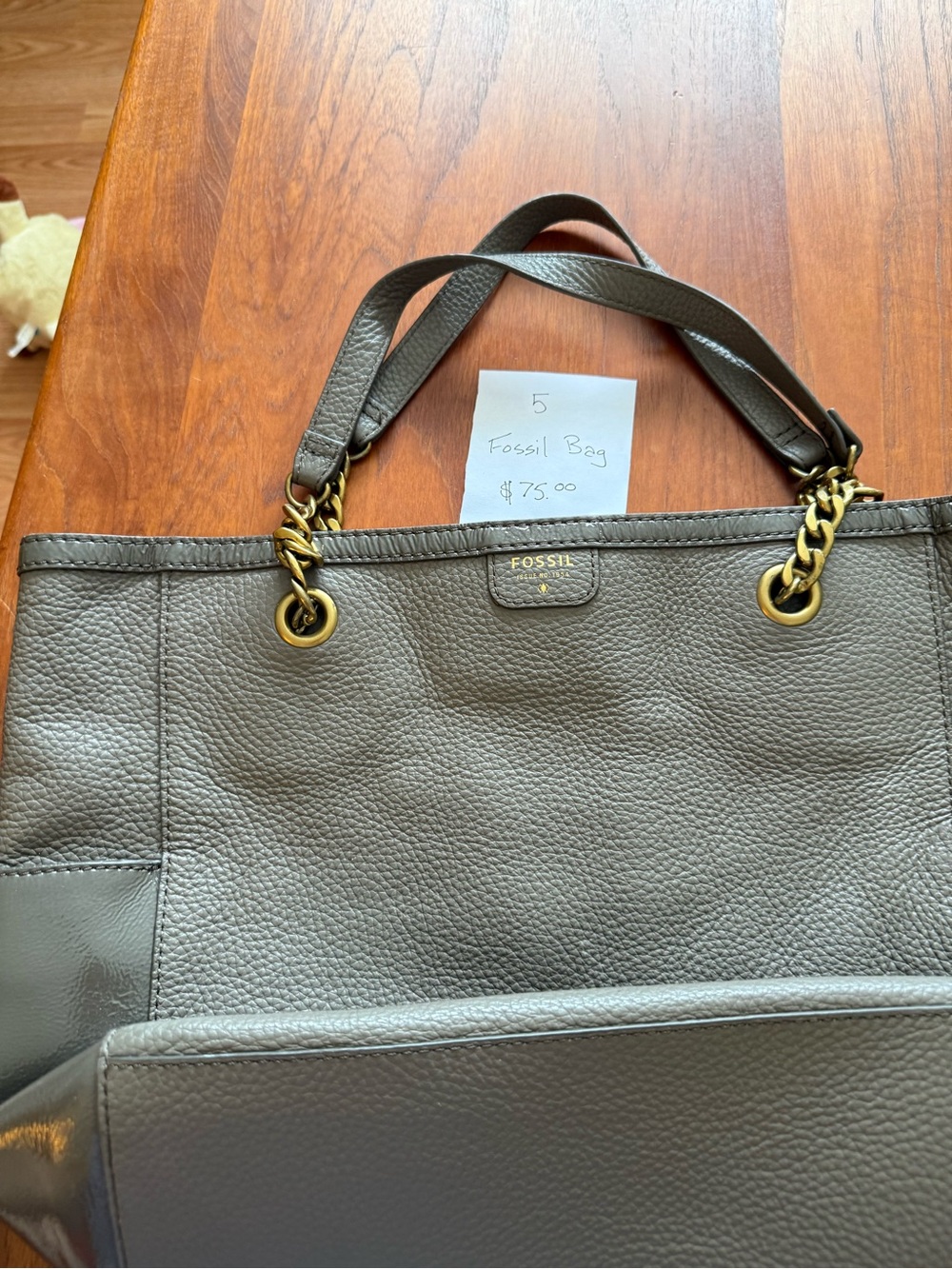Fossil Leather Tote in Gray with Gold Hardware